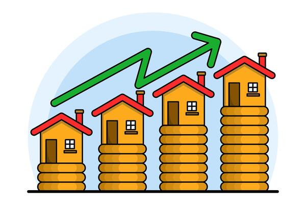 Concept Of Investment In Real Estate Business Building With Coins Rising House Prices House And Gold Coin With Arrow Symbol Price Of House And Apartment Real Estate Sale Illustration Vector